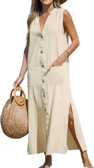 Womens Summer Maxi Dress Casual Loose Pockets Sleeveless Tank Button Down Dress Beach Cover Up Vacation Long Dresses