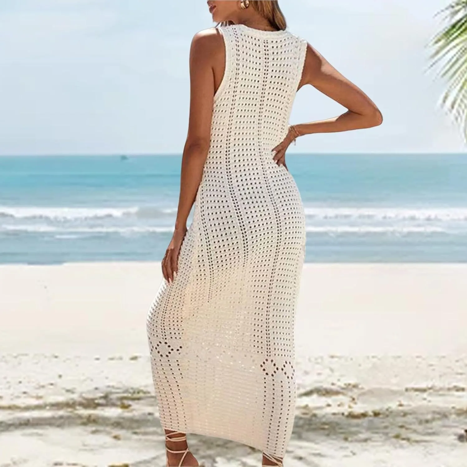 Womens Summer Maxi Dress Casual V Neck Sleeveless Hollow Out Strap Dresses Slim Fit Tunic Cover Up Beach Sundress