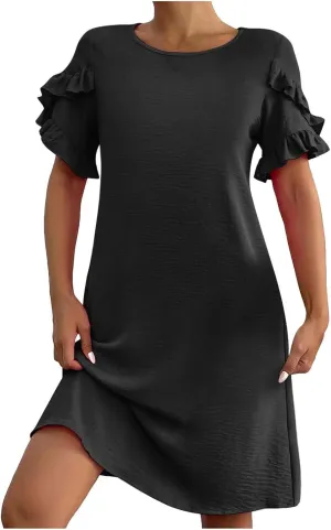 Womens Summer Mini Dress Crewneck Petal Short Sleeve A-Line Shift Dressr Casual Beach Sundress with Pockets 2025