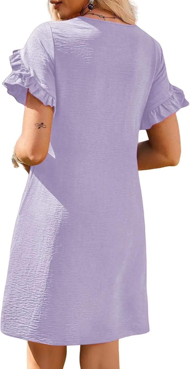Womens Summer Mini Dress Crewneck Petal Short Sleeve A-Line Shift Dressr Casual Beach Sundress with Pockets 2025