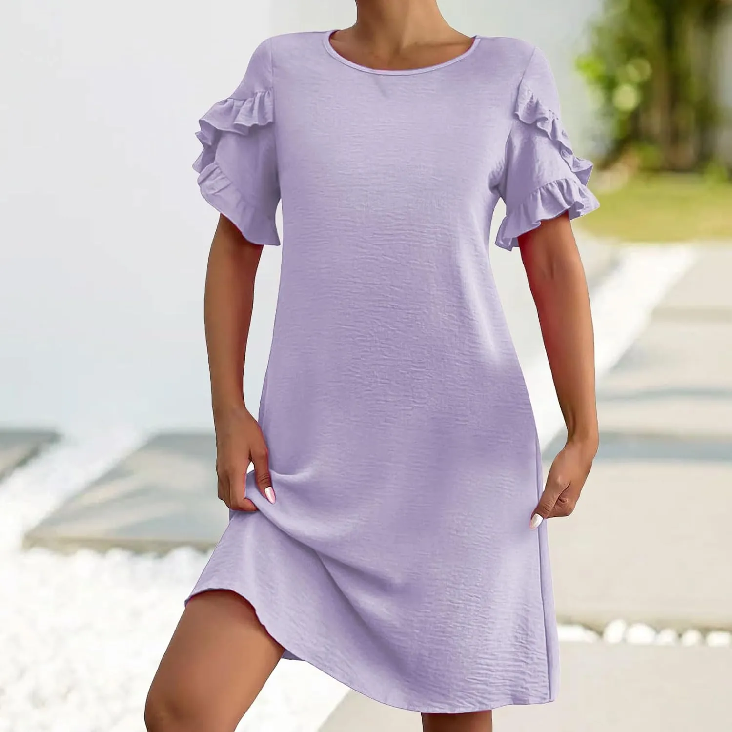 Womens Summer Mini Dress Crewneck Petal Short Sleeve A-Line Shift Dressr Casual Beach Sundress with Pockets 2025