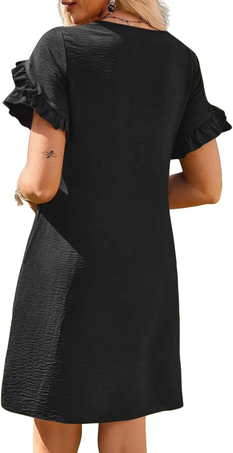 Womens Summer Mini Dress Crewneck Petal Short Sleeve A-Line Shift Dressr Casual Beach Sundress with Pockets 2025