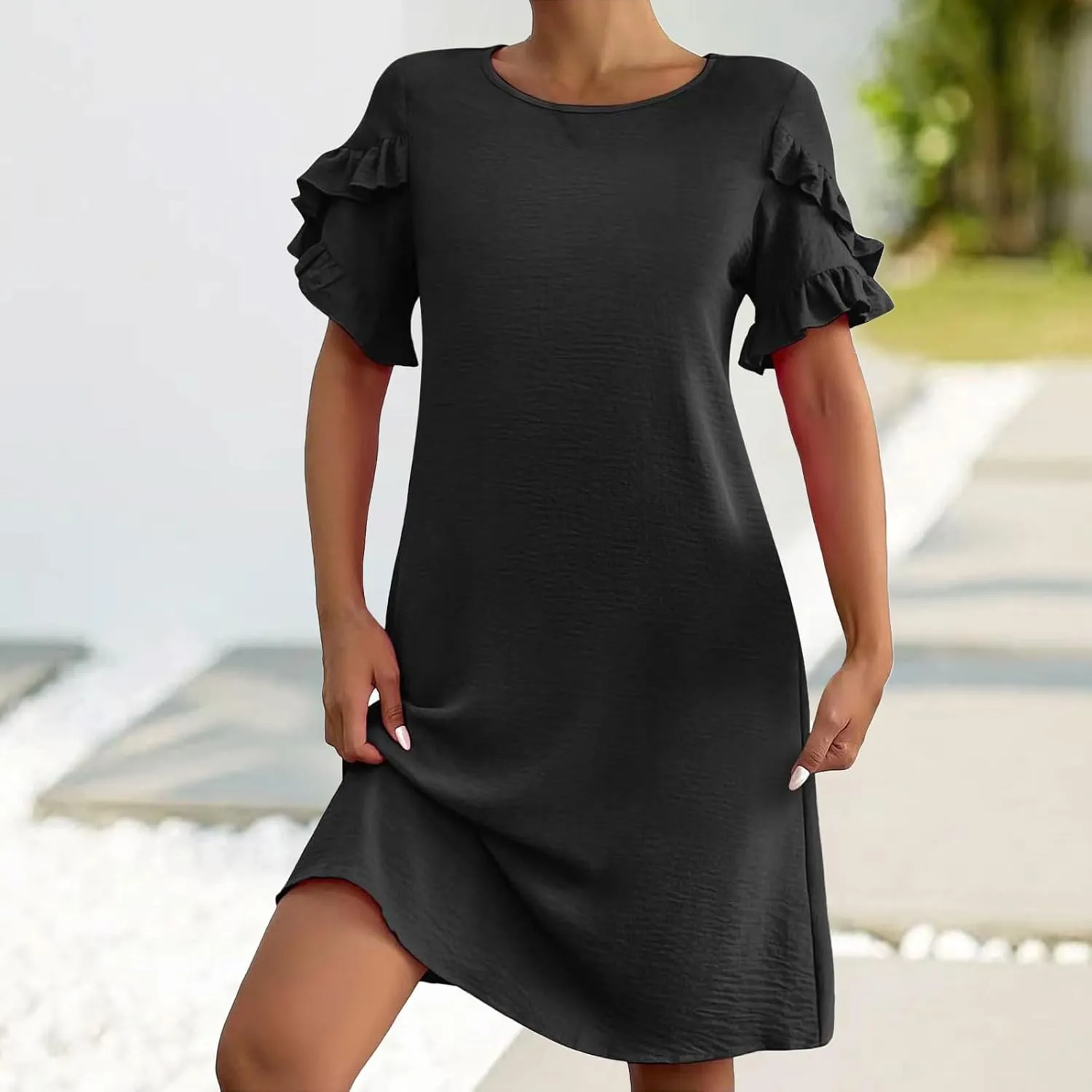 Womens Summer Mini Dress Crewneck Petal Short Sleeve A-Line Shift Dressr Casual Beach Sundress with Pockets 2025