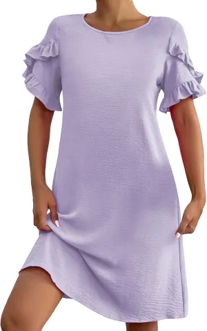 Womens Summer Mini Dress Crewneck Petal Short Sleeve A-Line Shift Dressr Casual Beach Sundress with Pockets 2025
