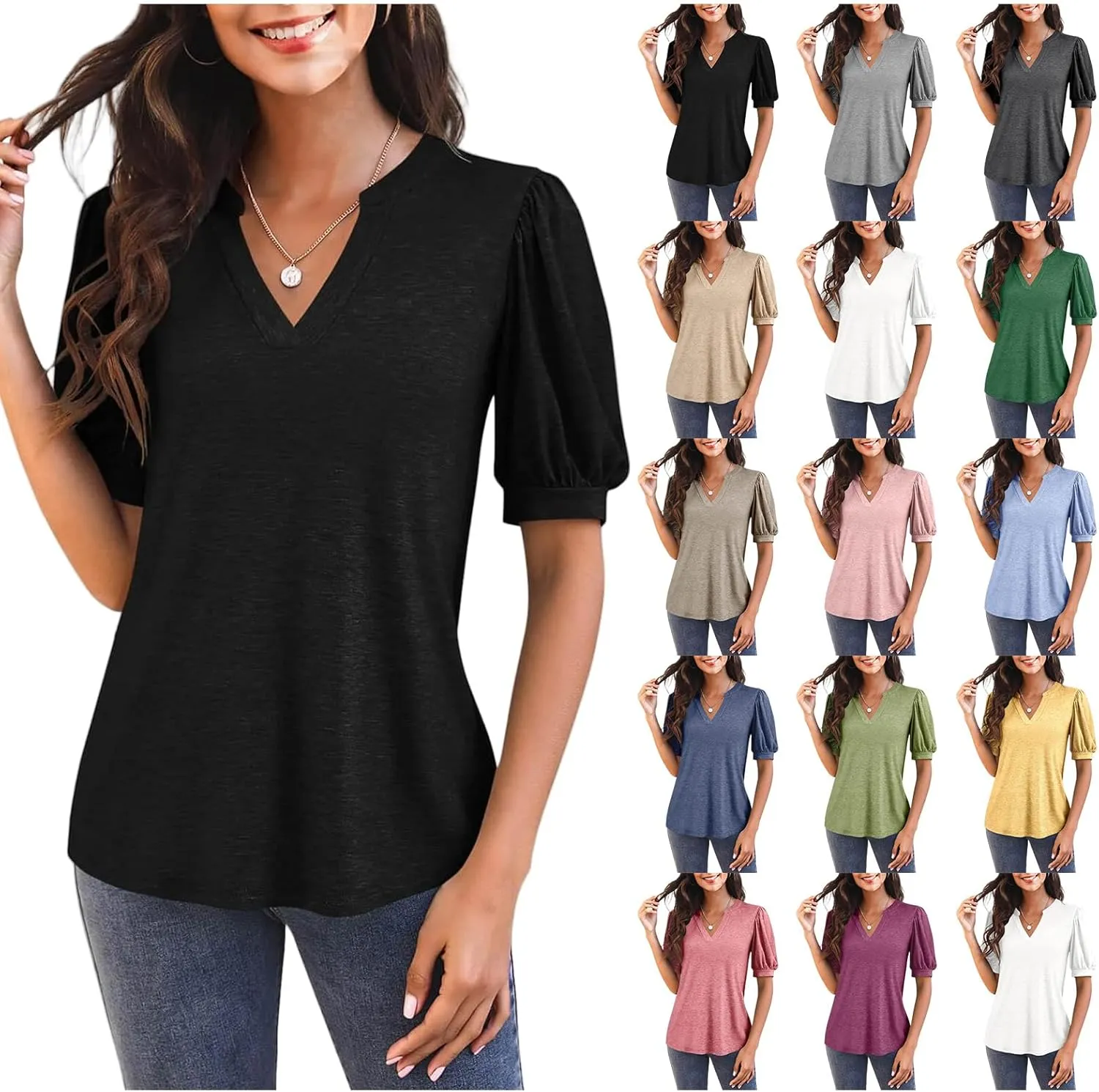 Womens Summer Shirt Casual Puff Sleeve Loose Top Summer Going Out Tee Beach Vacation Tunic Cute Flowy Blouse