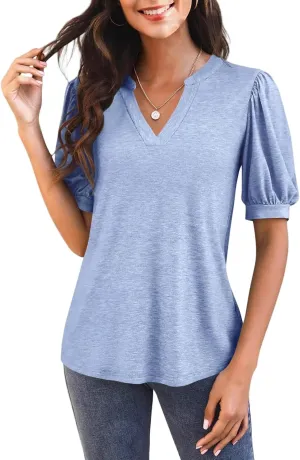 Womens Summer Shirt Casual Puff Sleeve Loose Top Summer Going Out Tee Beach Vacation Tunic Cute Flowy Blouse