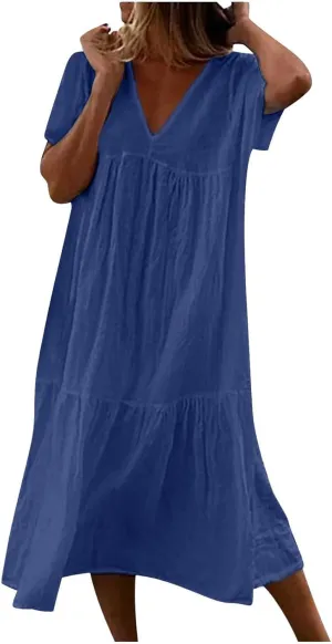 Women's Summer Short Sleeve Casual Dresses V-Neck Linen Loose Flowy Swing Maxi Dress Cute Boho Beach Elegant Sundress