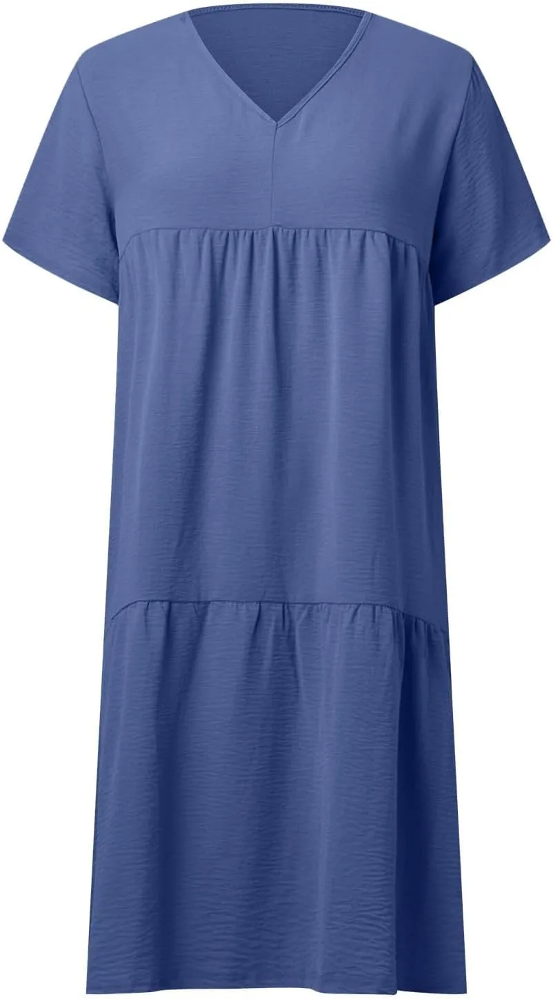 Women's Summer Short Sleeve Casual Dresses V-Neck Linen Loose Flowy Swing Maxi Dress Cute Boho Beach Elegant Sundress