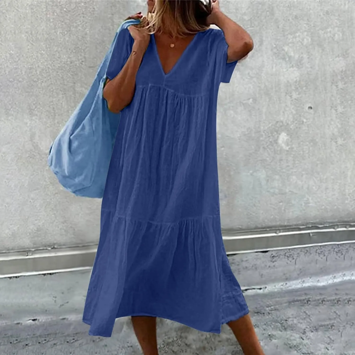 Women's Summer Short Sleeve Casual Dresses V-Neck Linen Loose Flowy Swing Maxi Dress Cute Boho Beach Elegant Sundress