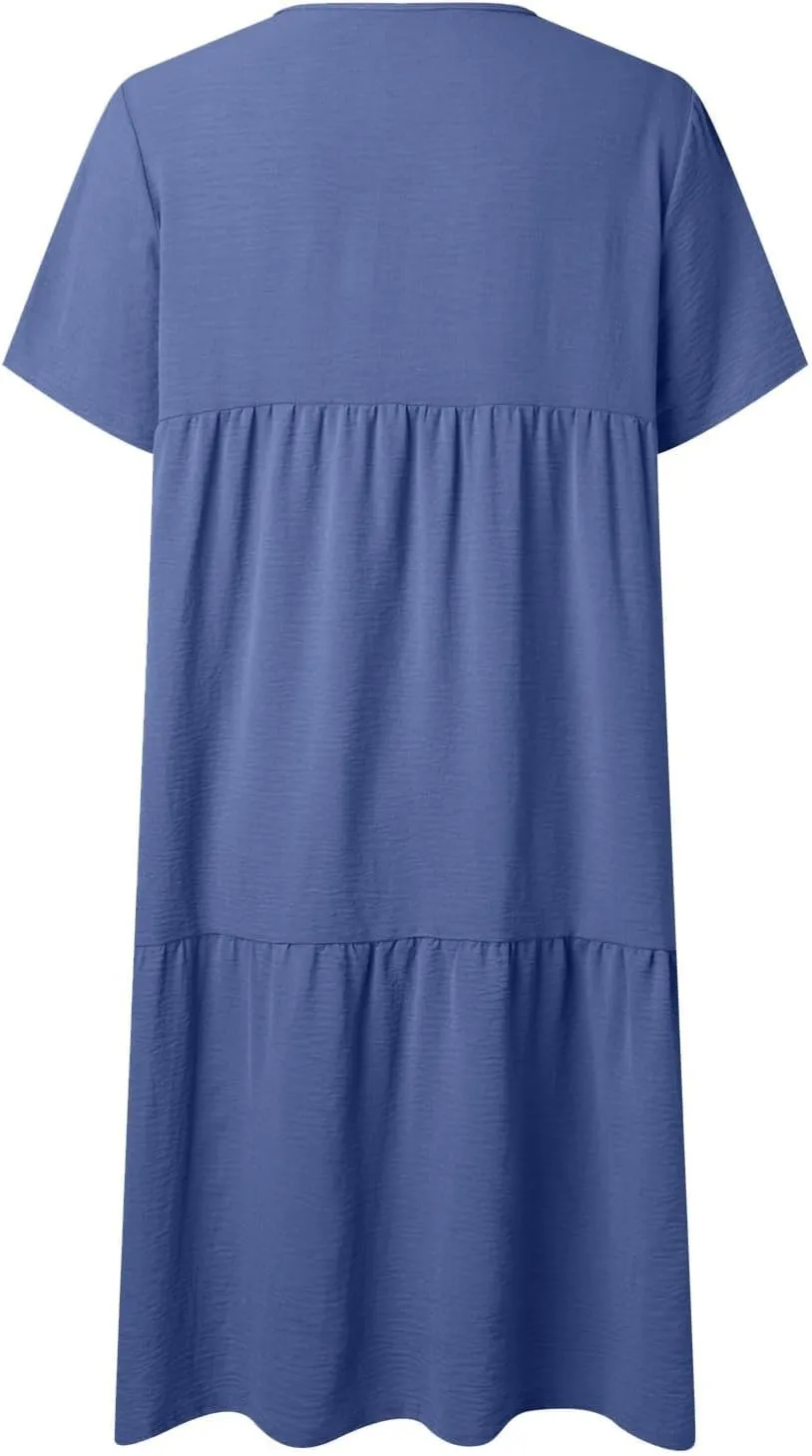 Women's Summer Short Sleeve Casual Dresses V-Neck Linen Loose Flowy Swing Maxi Dress Cute Boho Beach Elegant Sundress