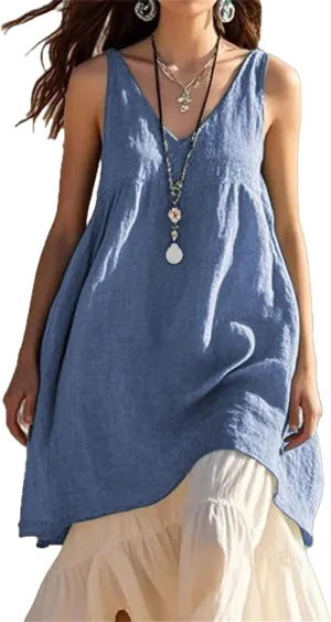 Women's Summer Sleeveless Mini Dress V Neck Linen Cami Loose Swing Flowy Sundress Casual Beach Coverup Vacation Dress