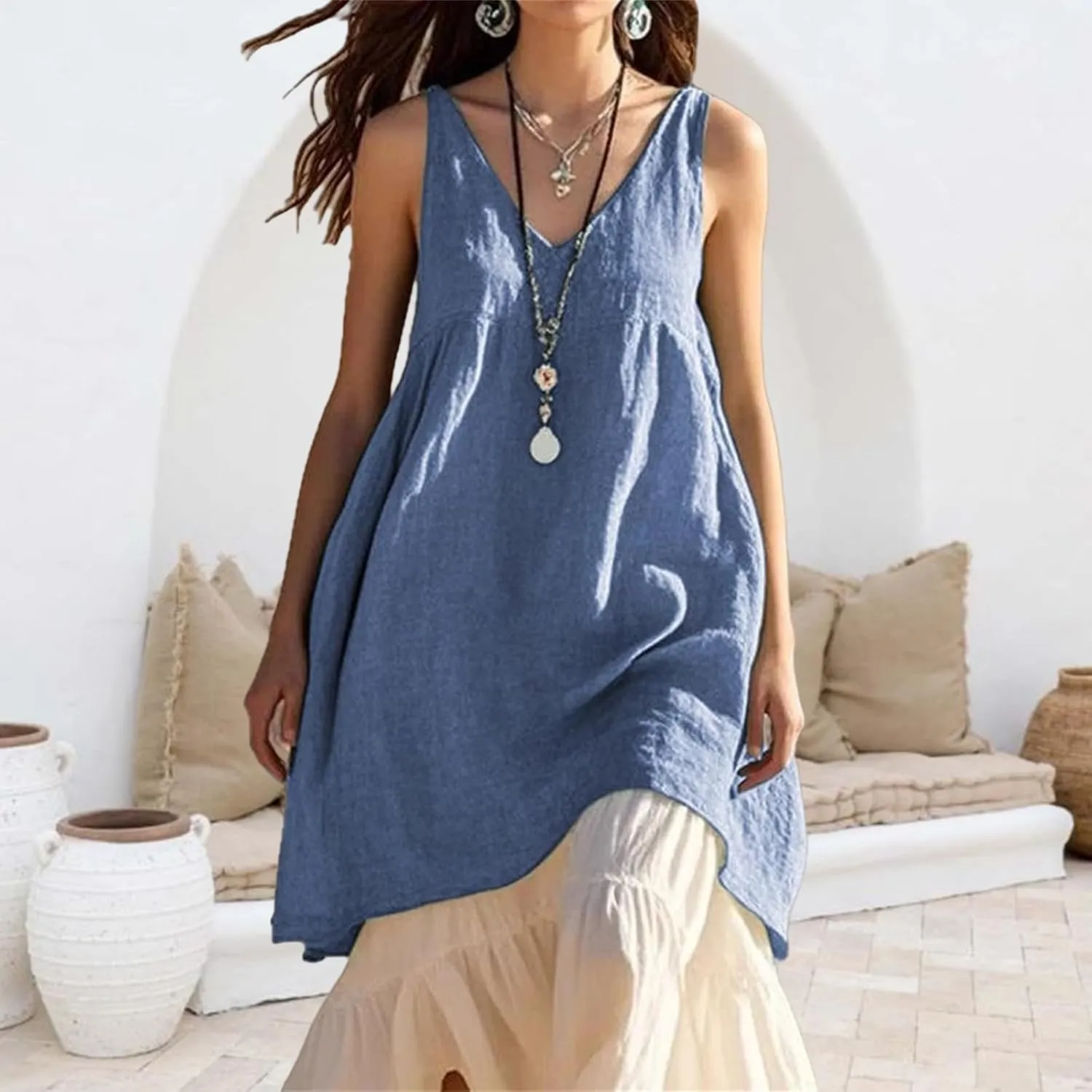 Women's Summer Sleeveless Mini Dress V Neck Linen Cami Loose Swing Flowy Sundress Casual Beach Coverup Vacation Dress