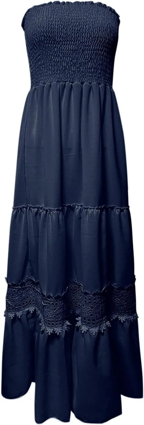 Women's Summer Solid Lace Trim Maxi Dress Sleeveless Smocked Ruffle Long Flowy Beach Vacation Boho Sundresses