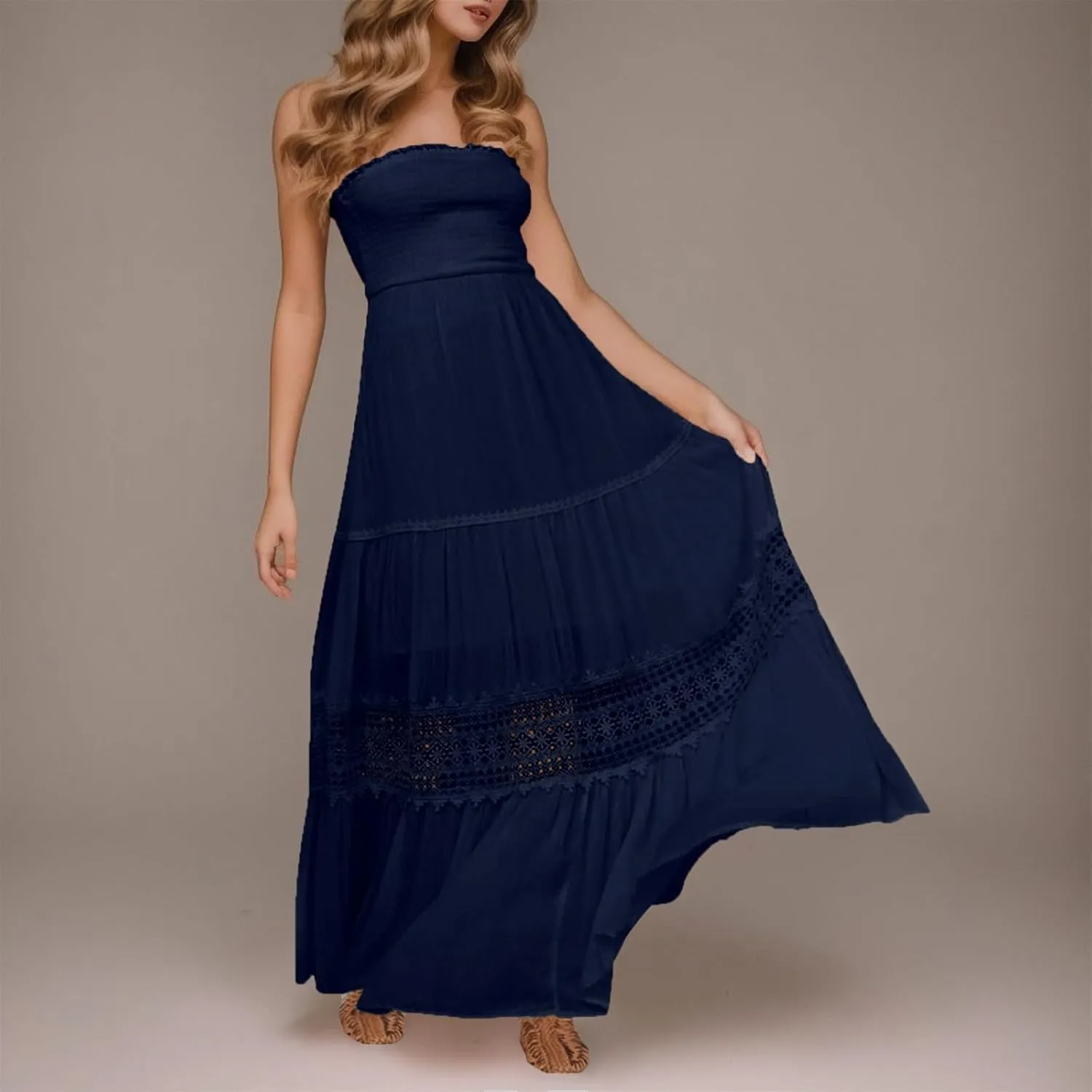 Women's Summer Solid Lace Trim Maxi Dress Sleeveless Smocked Ruffle Long Flowy Beach Vacation Boho Sundresses