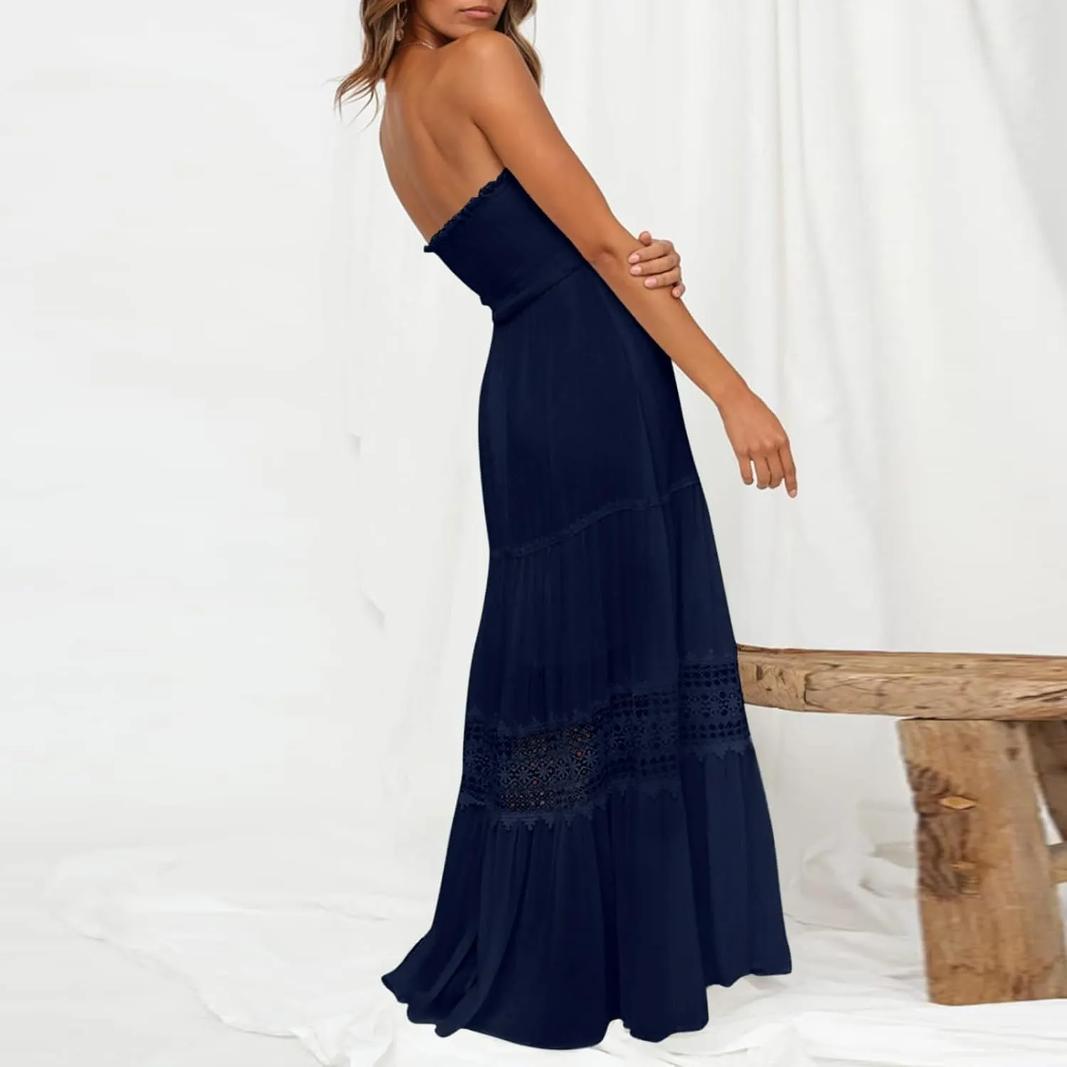 Women's Summer Solid Lace Trim Maxi Dress Sleeveless Smocked Ruffle Long Flowy Beach Vacation Boho Sundresses