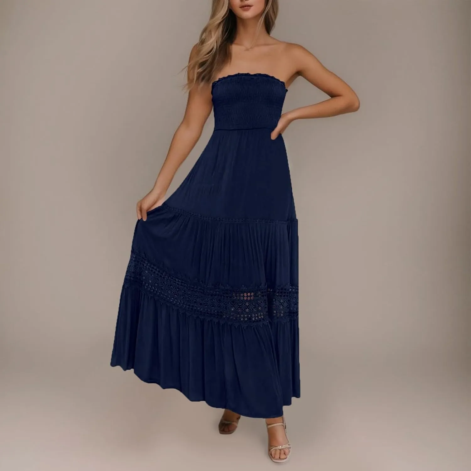 Women's Summer Solid Lace Trim Maxi Dress Sleeveless Smocked Ruffle Long Flowy Beach Vacation Boho Sundresses