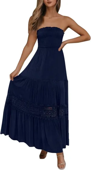Women's Summer Solid Lace Trim Maxi Dress Sleeveless Smocked Ruffle Long Flowy Beach Vacation Boho Sundresses