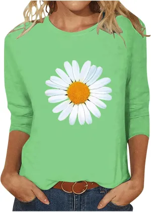 Womens Summer Tops Fashion Daisy Print Daily Shirts 3/4 Sleeve Casual Crew Neck T Shirt Dressy Tunic Blouses