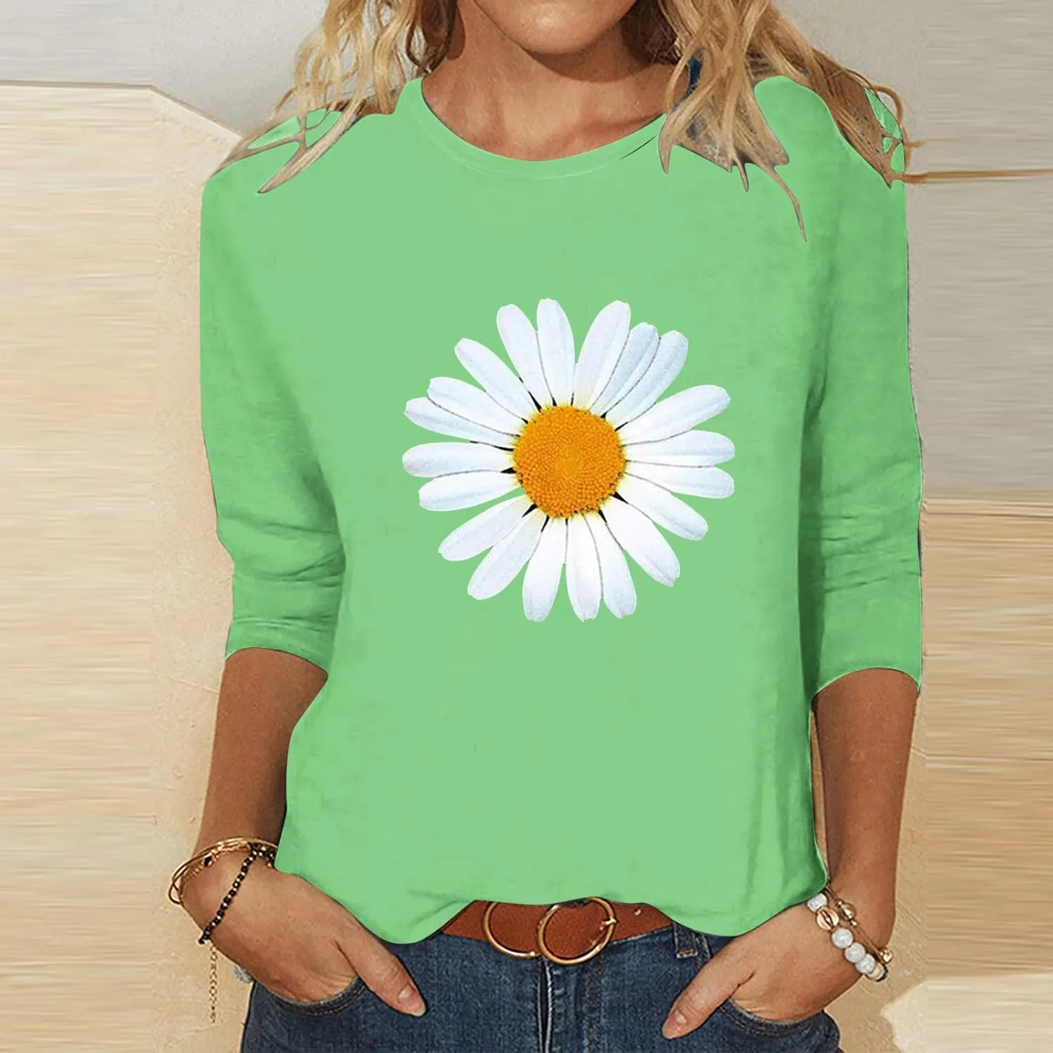 Womens Summer Tops Fashion Daisy Print Daily Shirts 3/4 Sleeve Casual Crew Neck T Shirt Dressy Tunic Blouses