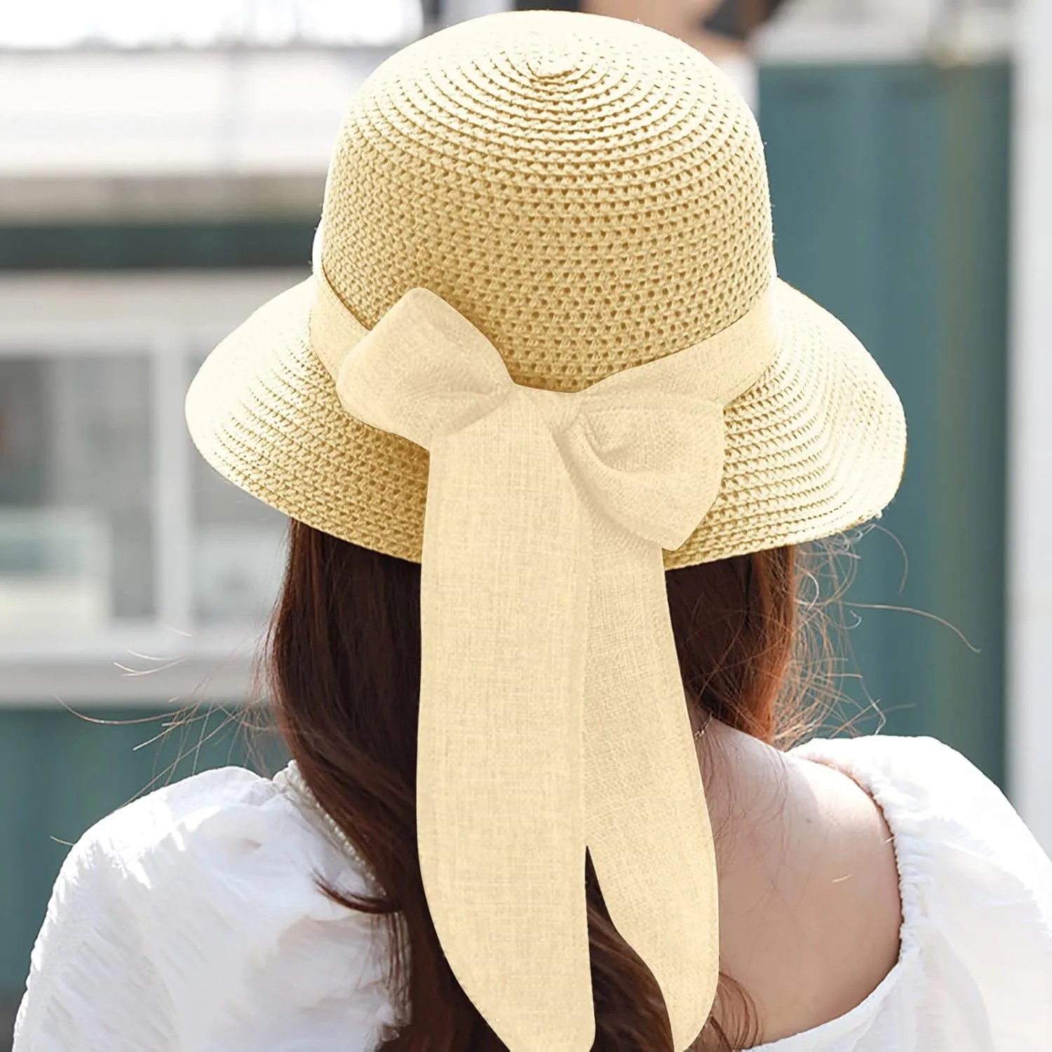 Womens Sun Hats Wide Brim Summer Beach Hat for Women Foldable Travel Stra Hat with Bow Tie UPF50 