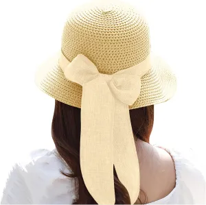 Womens Sun Hats Wide Brim Summer Beach Hat for Women Foldable Travel Stra Hat with Bow Tie UPF50 