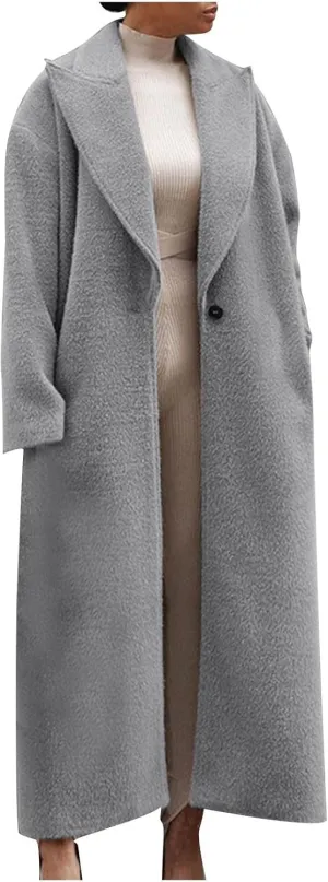Women's Trench Coat Fashion Notch Lapel Single Breasted Pea Coats Wool Blend Maxi Long Sleeve Open Front Overcoat
