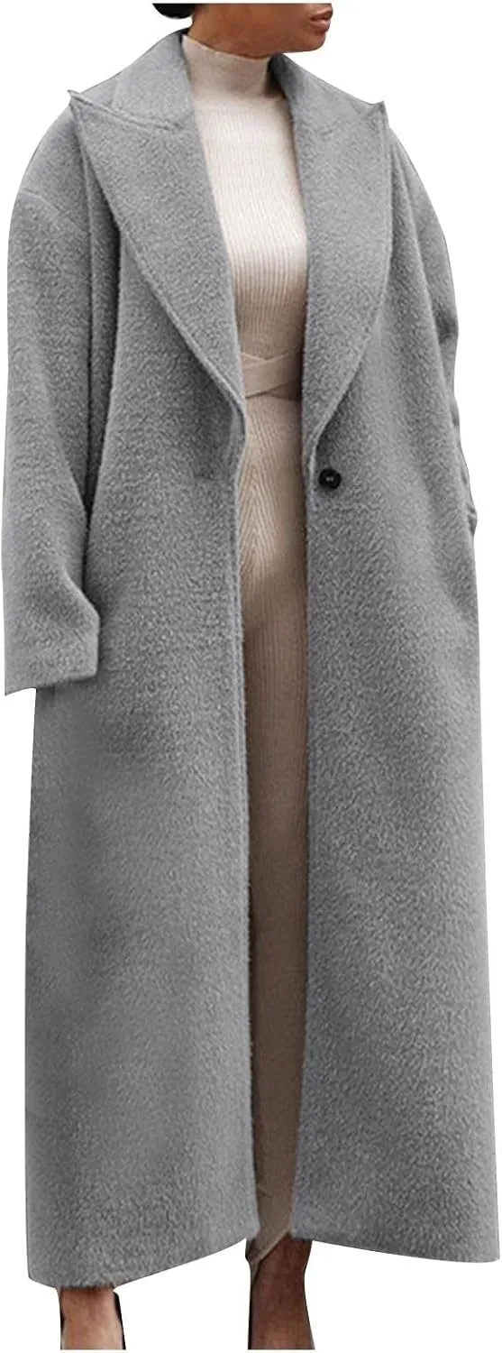 Women's Trench Coat Fashion Notch Lapel Single Breasted Pea Coats Wool Blend Maxi Long Sleeve Open Front Overcoat