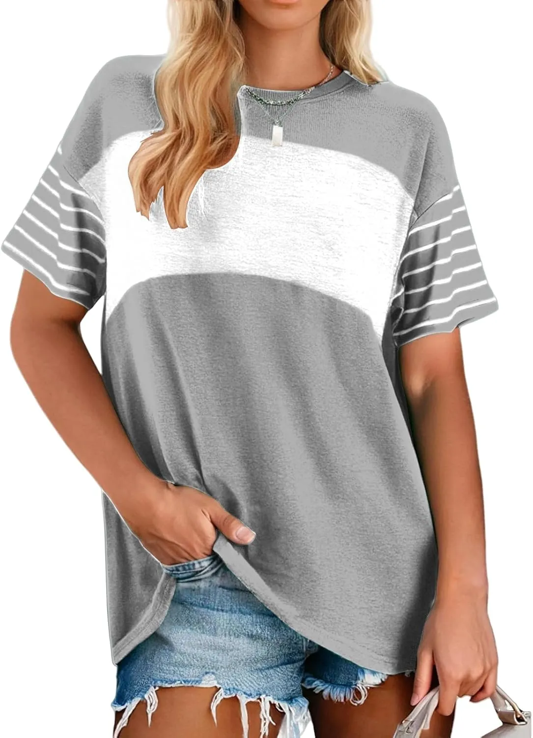 Womens Tunic Tops Oversized Crewneck Short Sleeve T Shirts Casual Color Block Striped Blouses Lightweight Summer Top