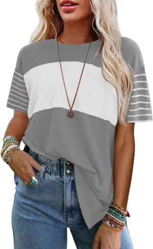 Womens Tunic Tops Oversized Crewneck Short Sleeve T Shirts Casual Color Block Striped Blouses Lightweight Summer Top