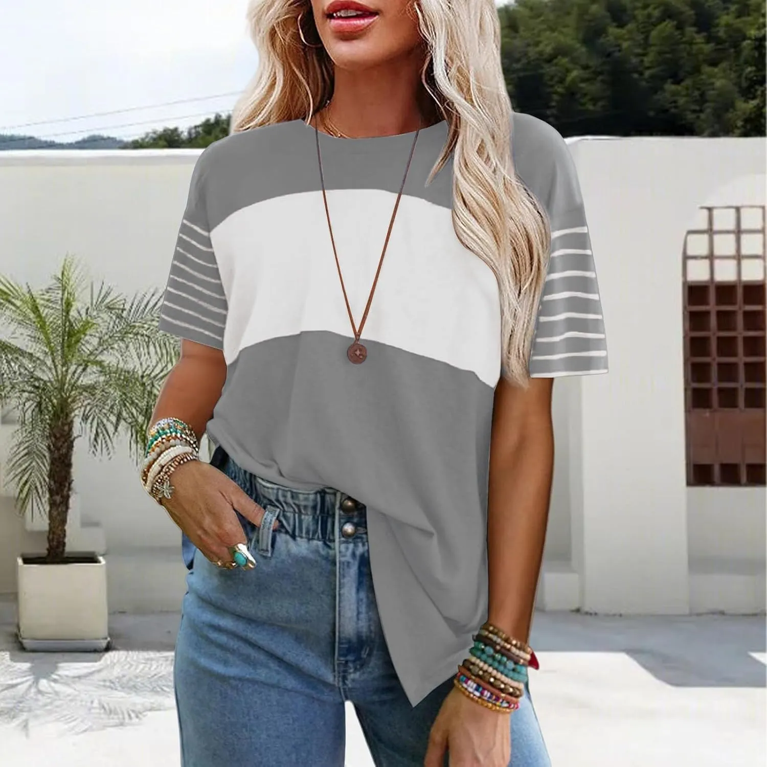 Womens Tunic Tops Oversized Crewneck Short Sleeve T Shirts Casual Color Block Striped Blouses Lightweight Summer Top
