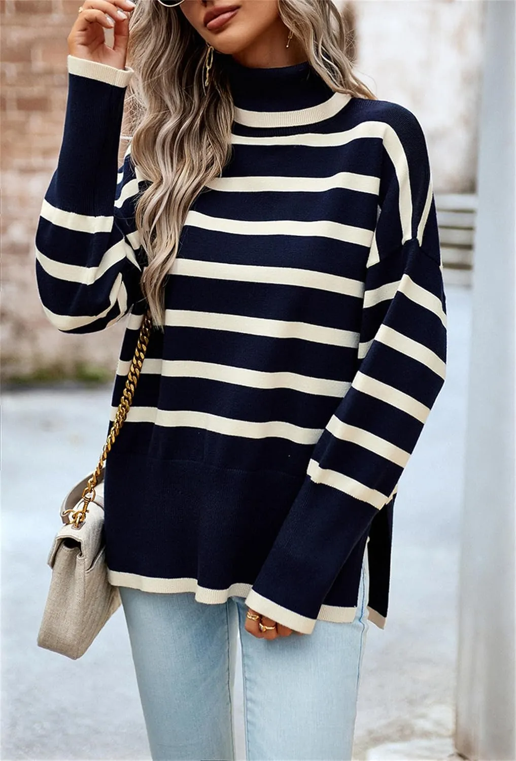 Women's Turtleneck Knit Sweaters 2024 Oversized Cozy Loose Fit Ribbed Winter Clothes with Side Slits