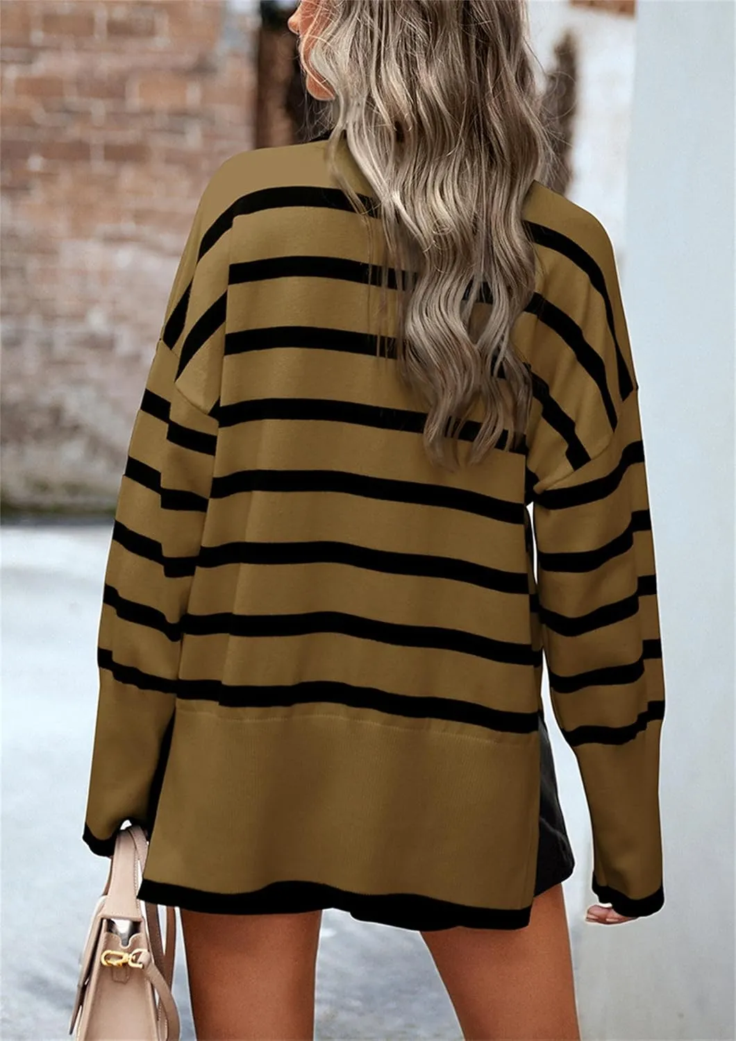 Women's Turtleneck Knit Sweaters 2024 Oversized Cozy Loose Fit Ribbed Winter Clothes with Side Slits