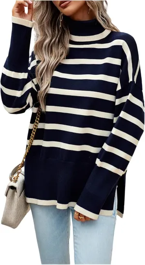 Women's Turtleneck Knit Sweaters 2024 Oversized Cozy Loose Fit Ribbed Winter Clothes with Side Slits