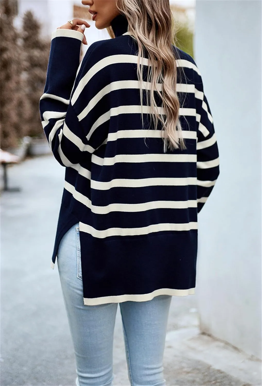 Women's Turtleneck Knit Sweaters 2024 Oversized Cozy Loose Fit Ribbed Winter Clothes with Side Slits
