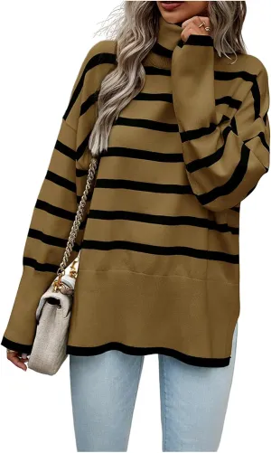 Women's Turtleneck Knit Sweaters 2024 Oversized Cozy Loose Fit Ribbed Winter Clothes with Side Slits