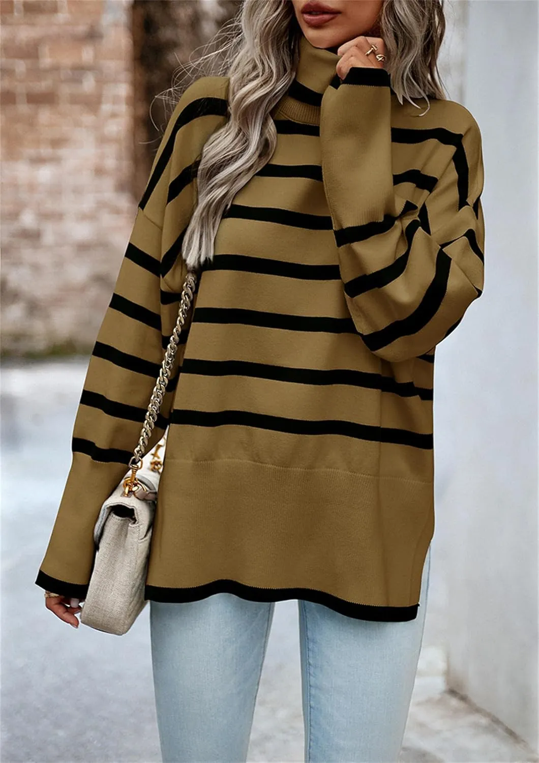 Women's Turtleneck Knit Sweaters 2024 Oversized Cozy Loose Fit Ribbed Winter Clothes with Side Slits
