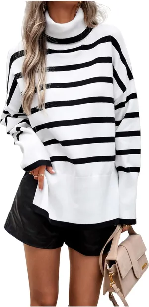 Women's Turtleneck Knit Sweaters 2024 Oversized Cozy Loose Fit Ribbed Winter Clothes with Side Slits