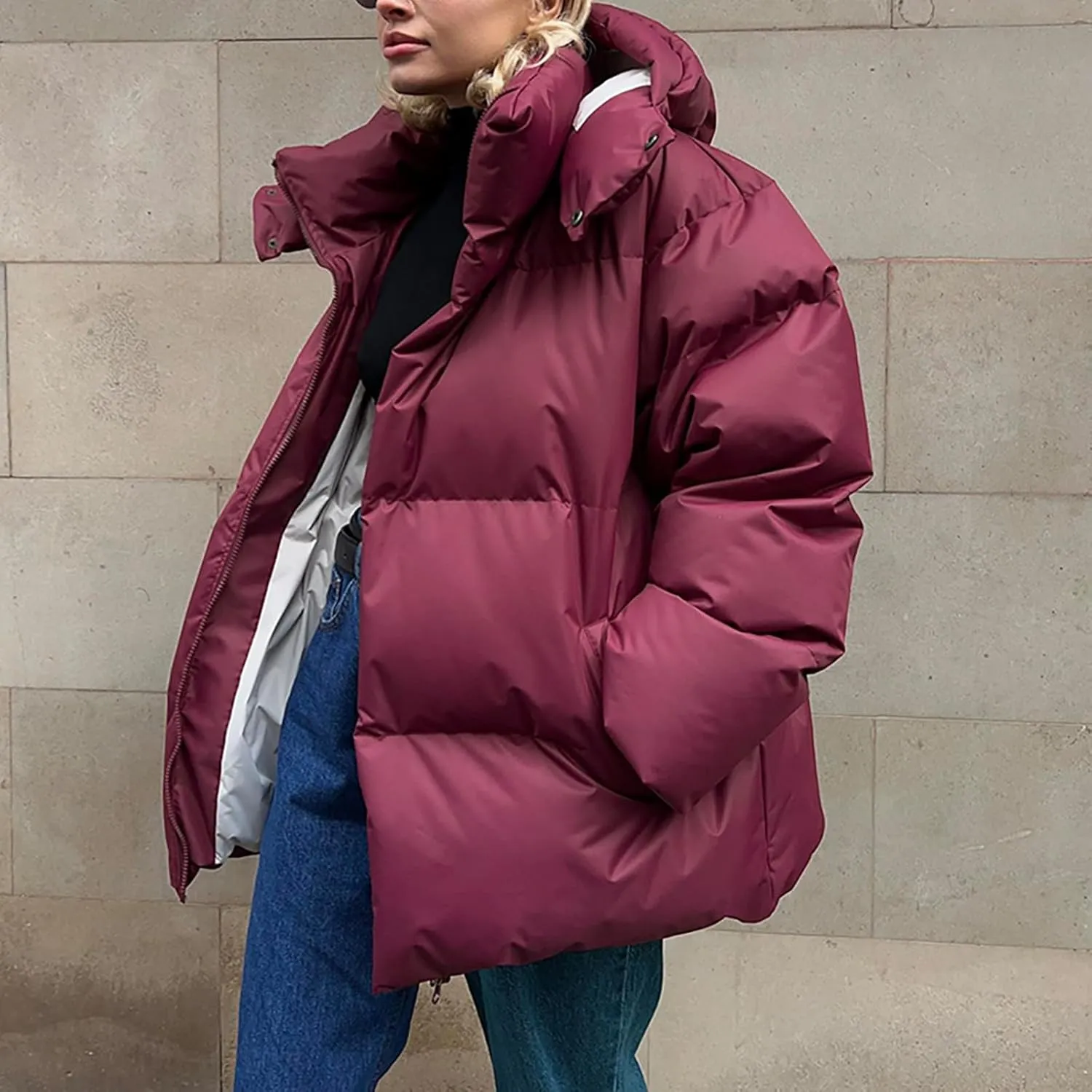 Womens Winter Hooded Oversized Puffer Jacket Zip up Quilted Padded down Jackets Winter Quilted Warm Outdoor Ski Coat