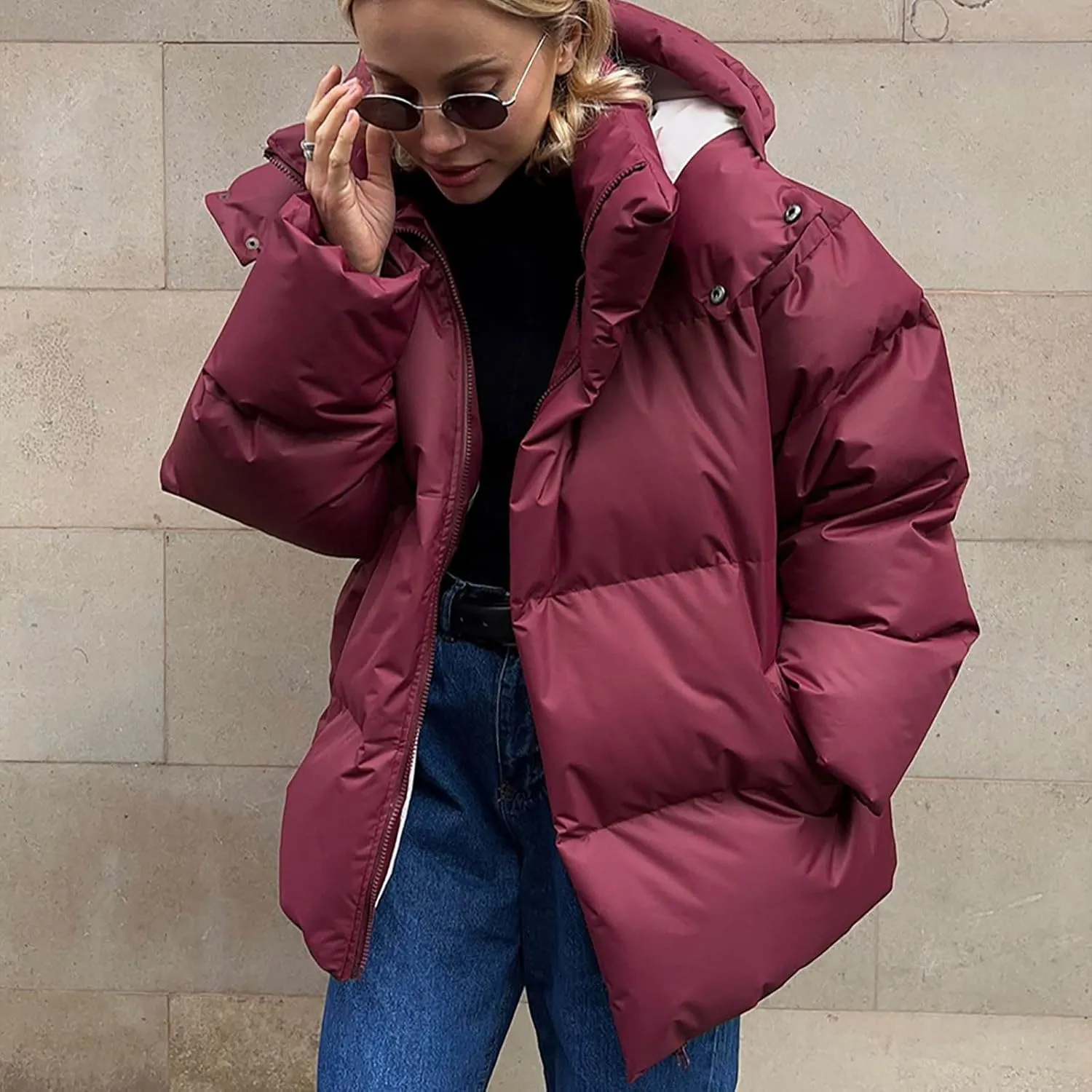 Womens Winter Hooded Oversized Puffer Jacket Zip up Quilted Padded down Jackets Winter Quilted Warm Outdoor Ski Coat
