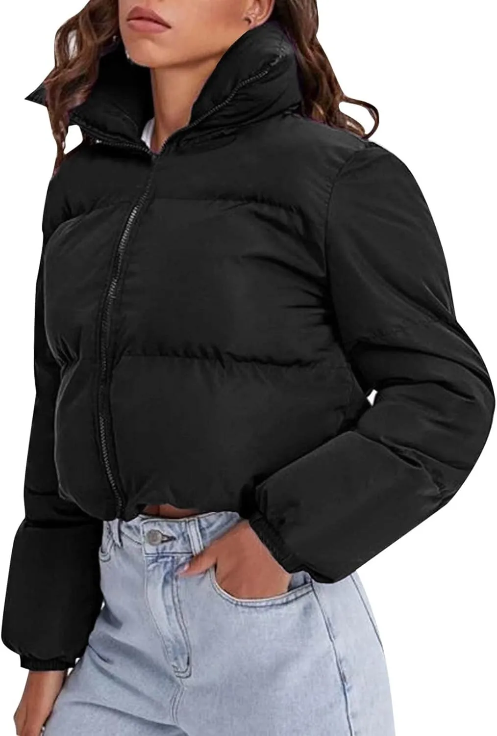 Women's Winter Oversized Cropped Puffer Jacket Long Sleeve Zip Up Short Down Coat Stand Collar Baggy Overcoat