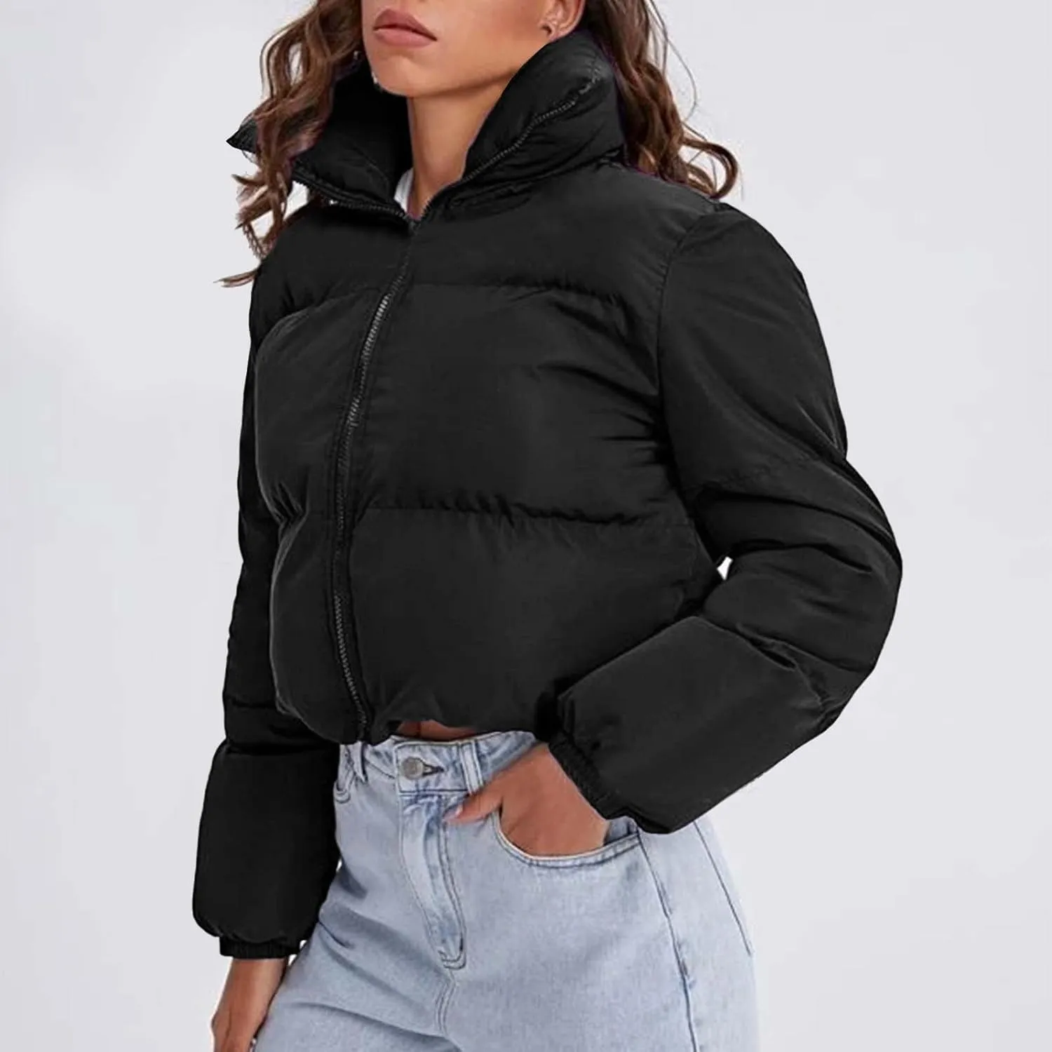 Women's Winter Oversized Cropped Puffer Jacket Long Sleeve Zip Up Short Down Coat Stand Collar Baggy Overcoat