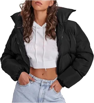 Women's Winter Oversized Cropped Puffer Jacket Long Sleeve Zip Up Short Down Coat Stand Collar Baggy Overcoat