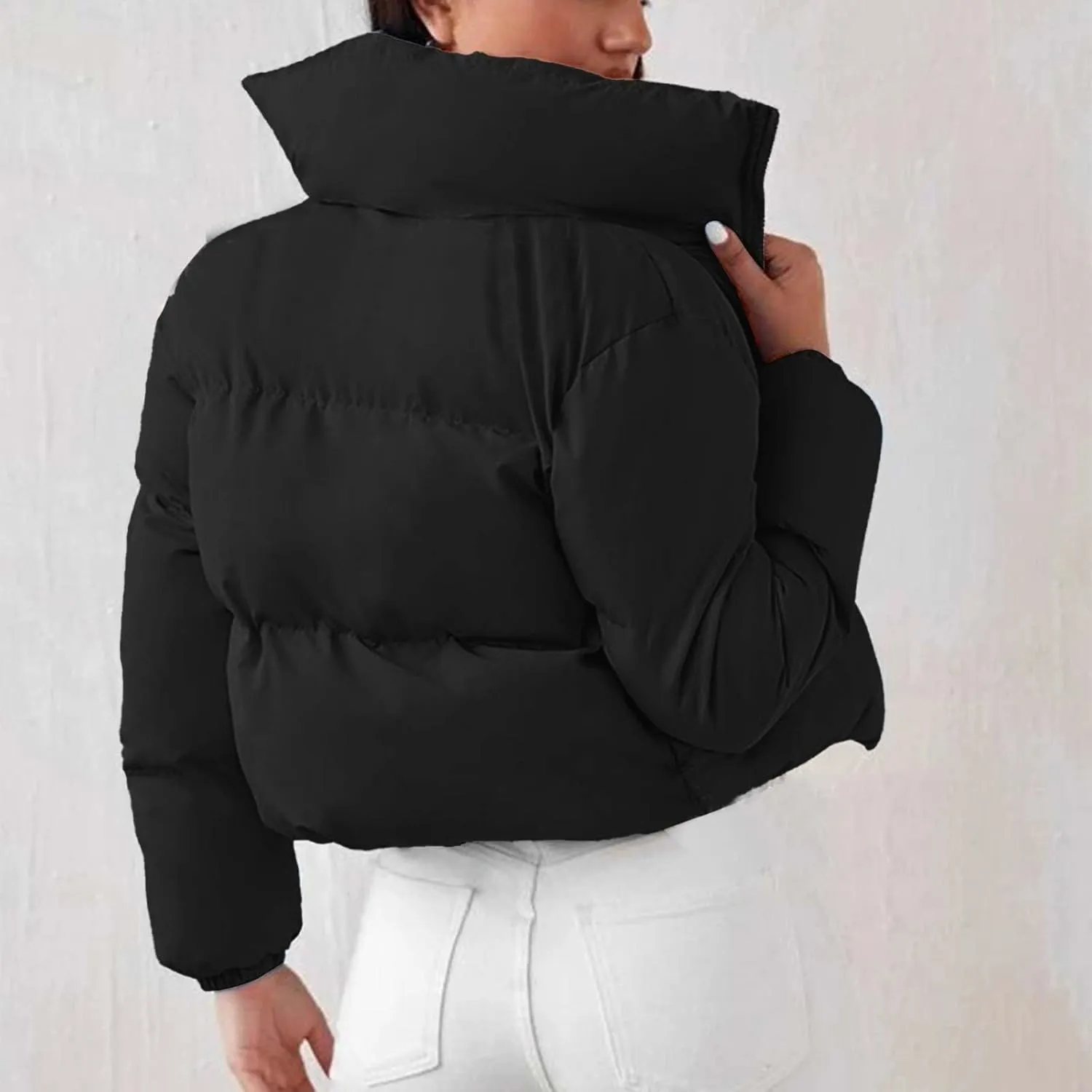 Women's Winter Oversized Cropped Puffer Jacket Long Sleeve Zip Up Short Down Coat Stand Collar Baggy Overcoat