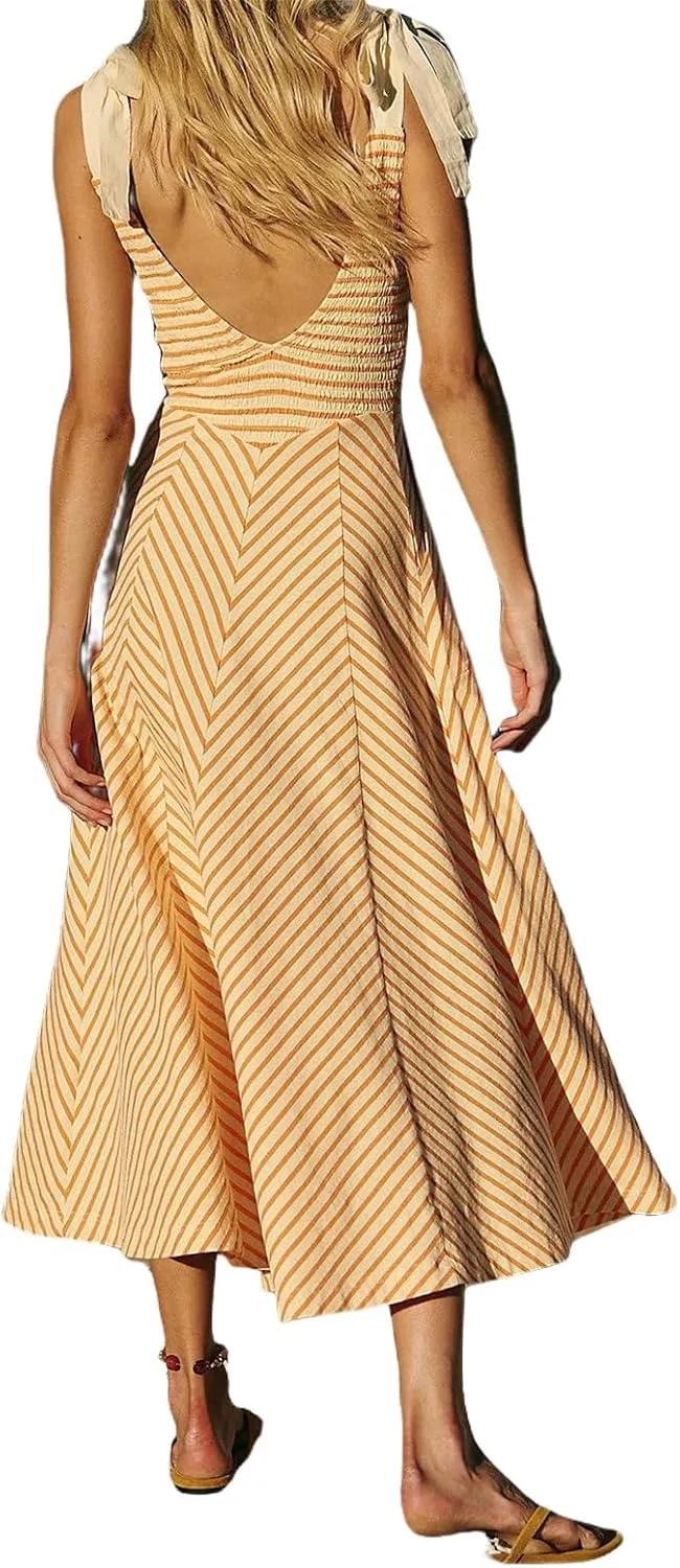 Womne's Dresses A Line Striped Sexy Deep V Neck Sleeveless Maxi Dress Summer Beach Vacation The Waist 2025