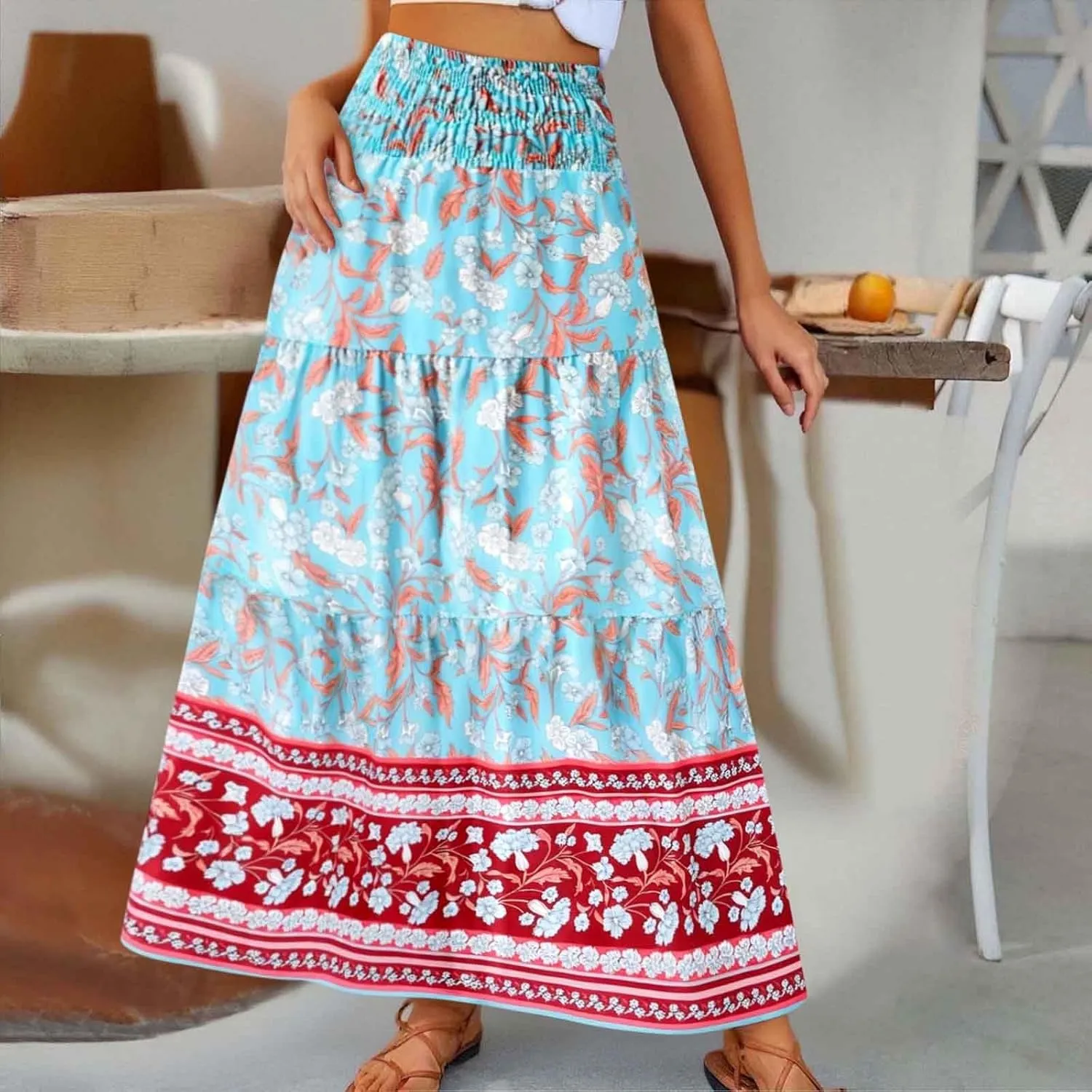 Workout Skirts for Women 2025 Summer Bohemian Floral Skirt High Elastic Waist Renaissance Skirt for Vacation Clothes