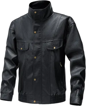 Xiaojmake Vintage Trucker Jacket Men Classic Fashion Motorcycle Coat Fleece Lined Bomber Jacket Stand Collar Leather Jacket