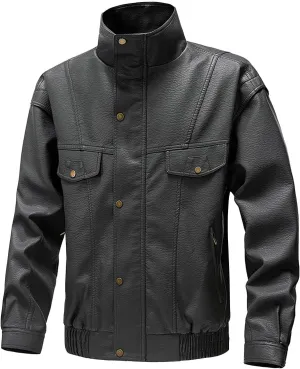 Xiaojmake Vintage Trucker Jacket Men Classic Fashion Motorcycle Coat Fleece Lined Bomber Jacket Stand Collar Leather Jacket