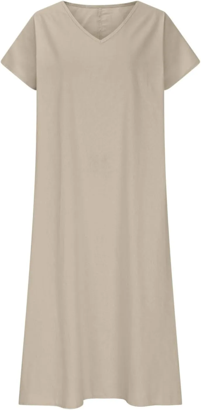 XOWRTE Linen Casual Dresses for Women Flowy V Neck Short Sleeve 2025 Maxi Dress Lightweight Summer Beach Vacation Clothes