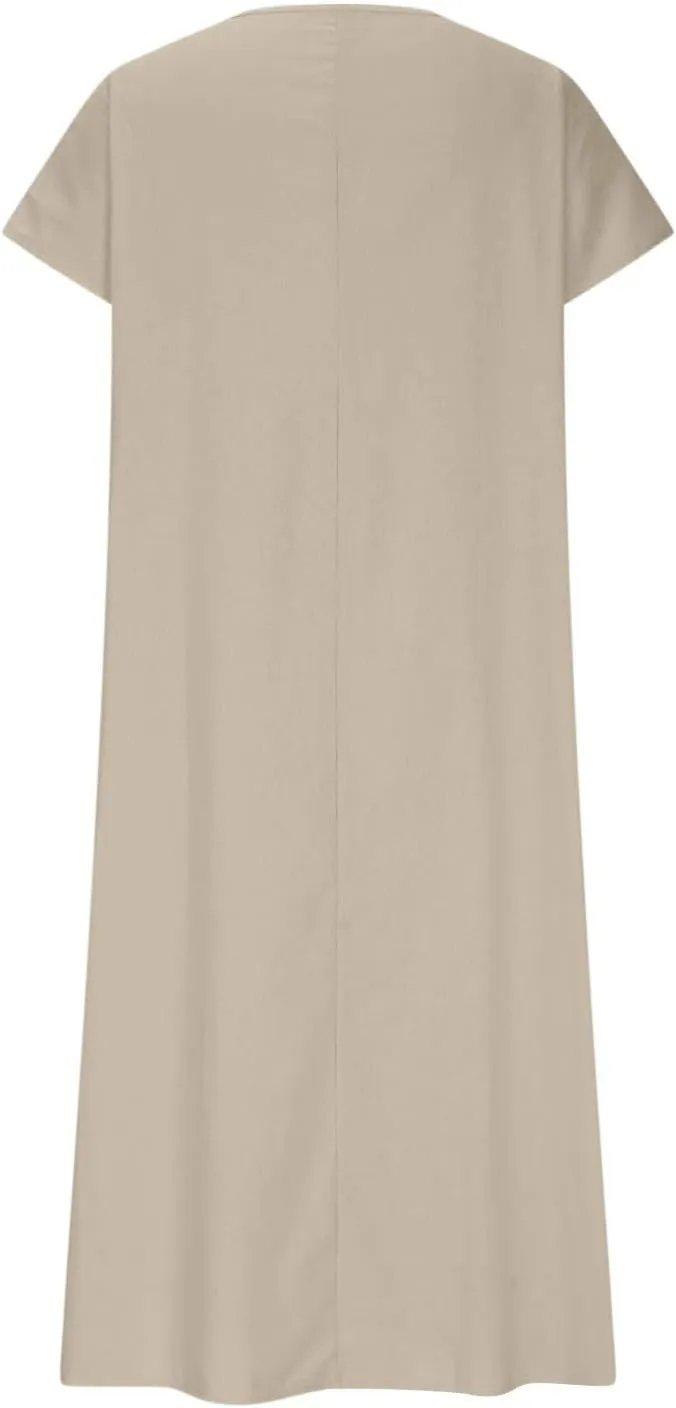 XOWRTE Linen Casual Dresses for Women Flowy V Neck Short Sleeve 2025 Maxi Dress Lightweight Summer Beach Vacation Clothes