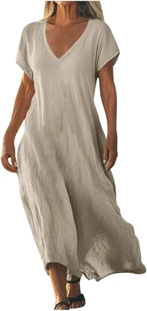 XOWRTE Linen Casual Dresses for Women Flowy V Neck Short Sleeve 2025 Maxi Dress Lightweight Summer Beach Vacation Clothes